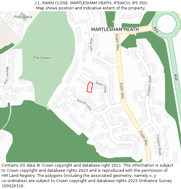 11, SWAN CLOSE, MARTLESHAM HEATH, IPSWICH, IP5 3SD: Location map and indicative extent of plot