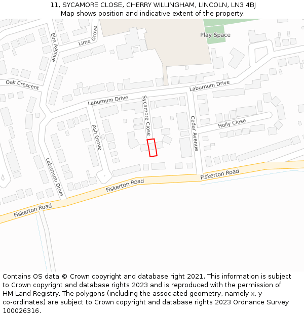 11, SYCAMORE CLOSE, CHERRY WILLINGHAM, LINCOLN, LN3 4BJ: Location map and indicative extent of plot
