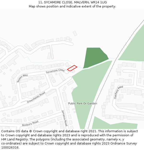 11, SYCAMORE CLOSE, MALVERN, WR14 1UG: Location map and indicative extent of plot