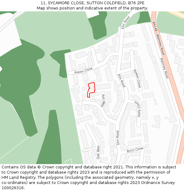 11, SYCAMORE CLOSE, SUTTON COLDFIELD, B76 2PE: Location map and indicative extent of plot