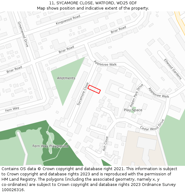 11, SYCAMORE CLOSE, WATFORD, WD25 0DF: Location map and indicative extent of plot