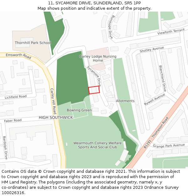 11, SYCAMORE DRIVE, SUNDERLAND, SR5 1PP: Location map and indicative extent of plot