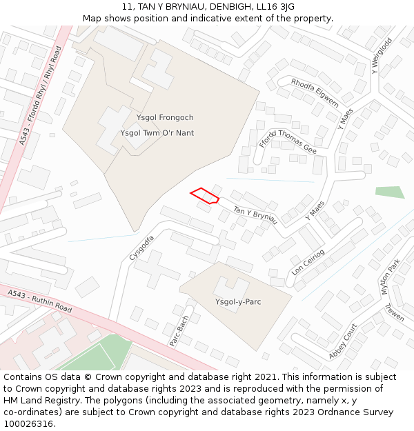 11, TAN Y BRYNIAU, DENBIGH, LL16 3JG: Location map and indicative extent of plot