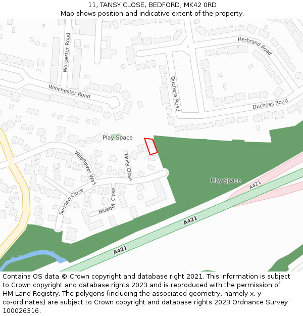11, TANSY CLOSE, BEDFORD, MK42 0RD: Location map and indicative extent of plot