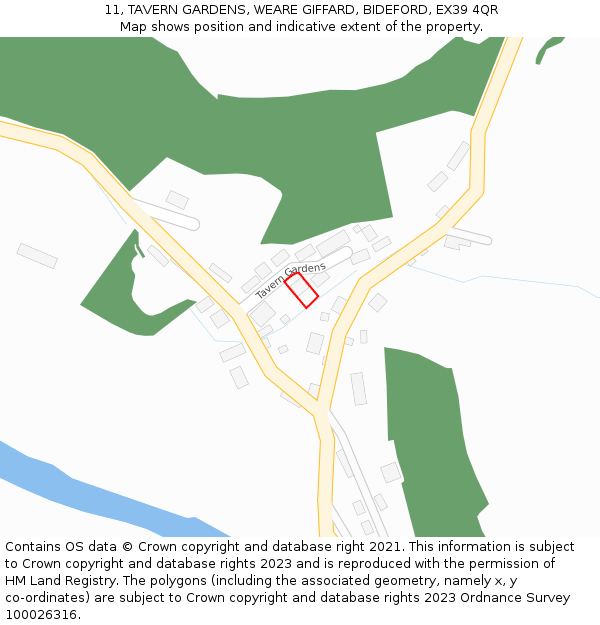 11, TAVERN GARDENS, WEARE GIFFARD, BIDEFORD, EX39 4QR: Location map and indicative extent of plot