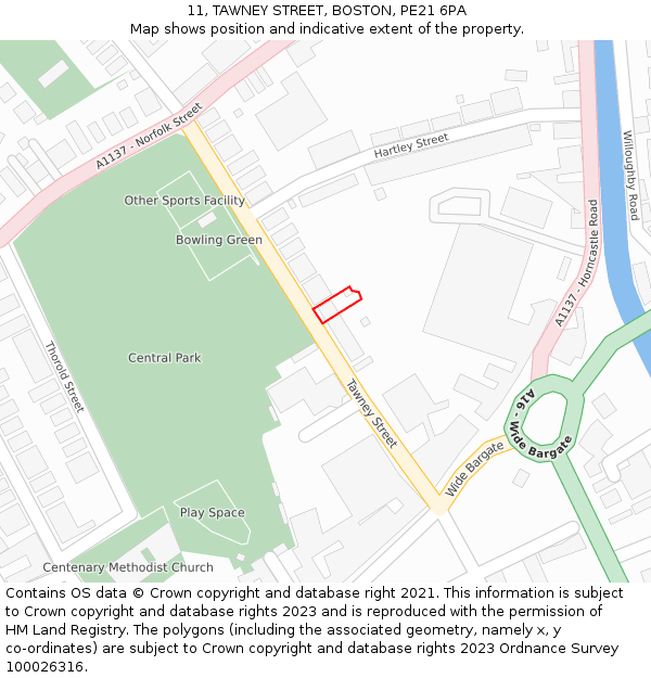 11, TAWNEY STREET, BOSTON, PE21 6PA: Location map and indicative extent of plot