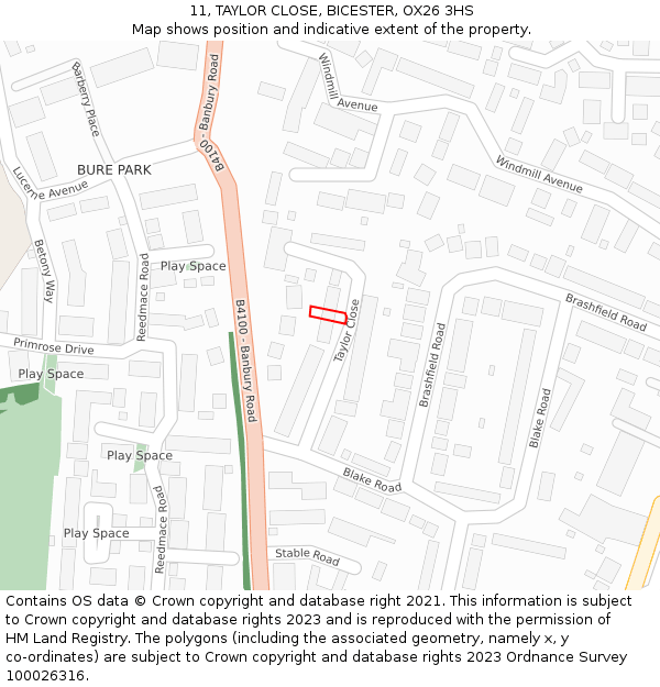 11, TAYLOR CLOSE, BICESTER, OX26 3HS: Location map and indicative extent of plot