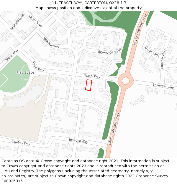 11, TEASEL WAY, CARTERTON, OX18 1JB: Location map and indicative extent of plot