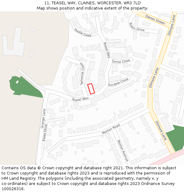 11, TEASEL WAY, CLAINES, WORCESTER, WR3 7LD: Location map and indicative extent of plot