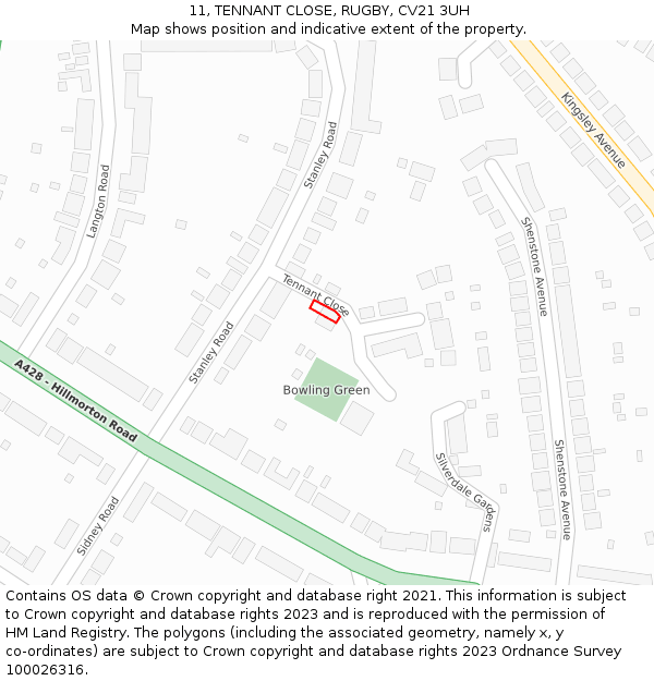 11, TENNANT CLOSE, RUGBY, CV21 3UH: Location map and indicative extent of plot