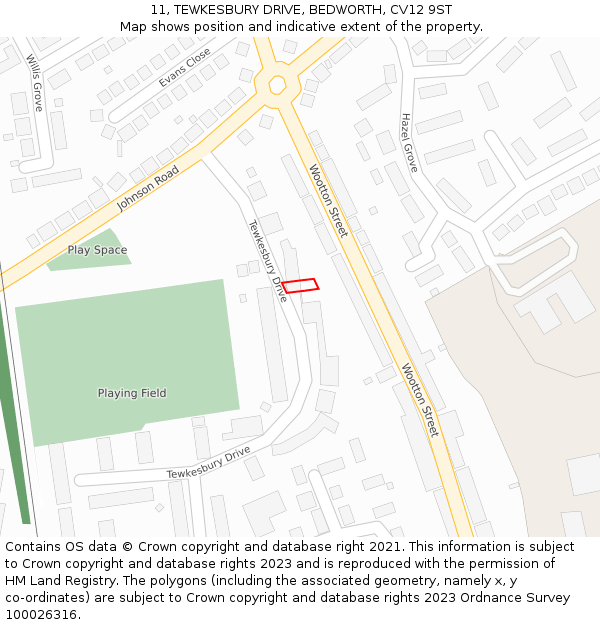 11, TEWKESBURY DRIVE, BEDWORTH, CV12 9ST: Location map and indicative extent of plot