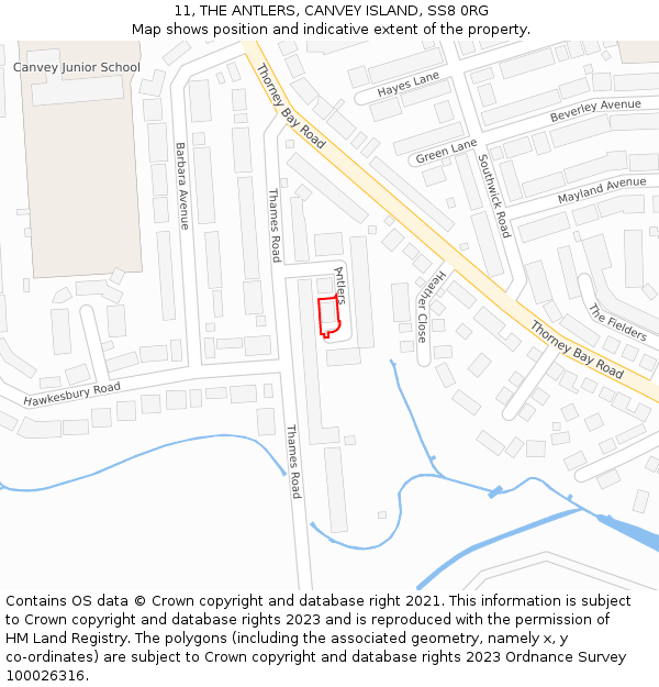 11, THE ANTLERS, CANVEY ISLAND, SS8 0RG: Location map and indicative extent of plot
