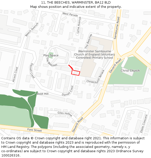 11, THE BEECHES, WARMINSTER, BA12 8LD: Location map and indicative extent of plot