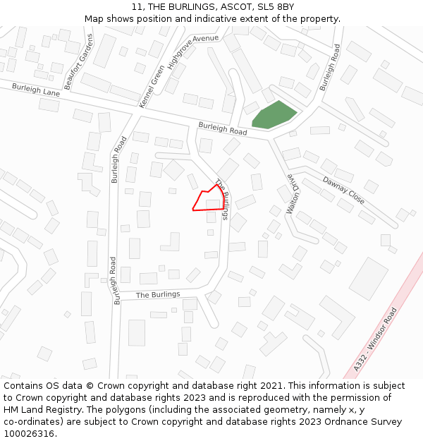 11, THE BURLINGS, ASCOT, SL5 8BY: Location map and indicative extent of plot