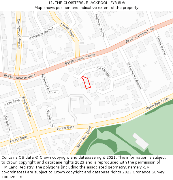 11, THE CLOISTERS, BLACKPOOL, FY3 8LW: Location map and indicative extent of plot