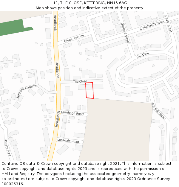 11, THE CLOSE, KETTERING, NN15 6AG: Location map and indicative extent of plot