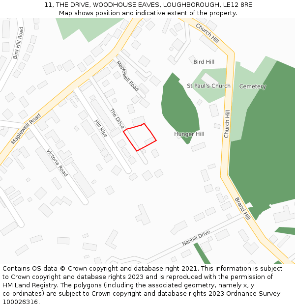 11, THE DRIVE, WOODHOUSE EAVES, LOUGHBOROUGH, LE12 8RE: Location map and indicative extent of plot