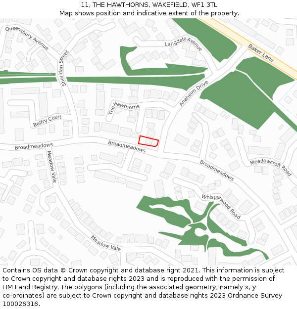 11, THE HAWTHORNS, WAKEFIELD, WF1 3TL: Location map and indicative extent of plot