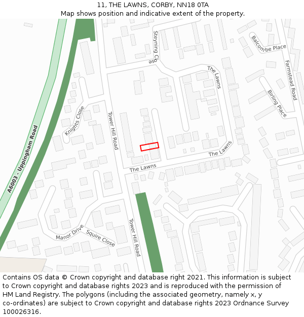 11, THE LAWNS, CORBY, NN18 0TA: Location map and indicative extent of plot