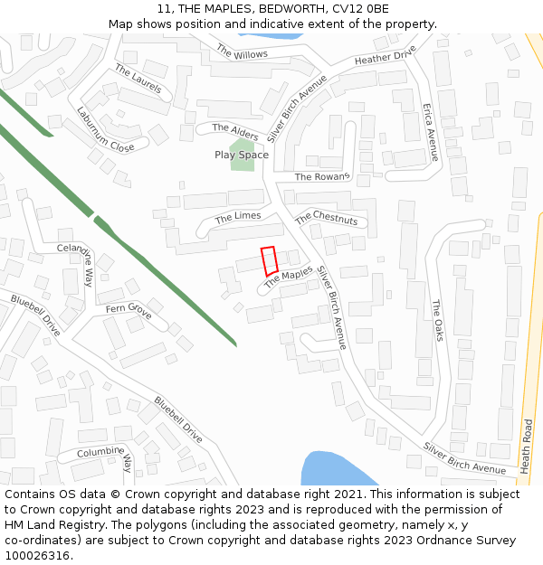 11, THE MAPLES, BEDWORTH, CV12 0BE: Location map and indicative extent of plot