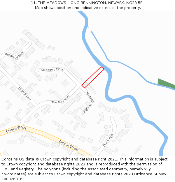 11, THE MEADOWS, LONG BENNINGTON, NEWARK, NG23 5EL: Location map and indicative extent of plot