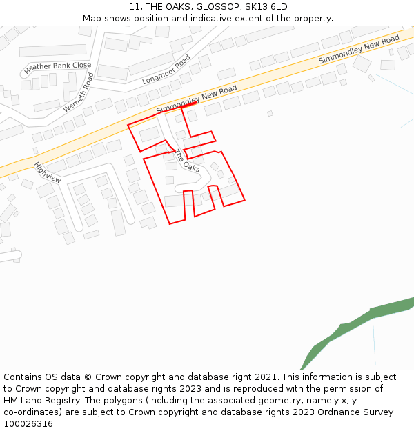 11, THE OAKS, GLOSSOP, SK13 6LD: Location map and indicative extent of plot