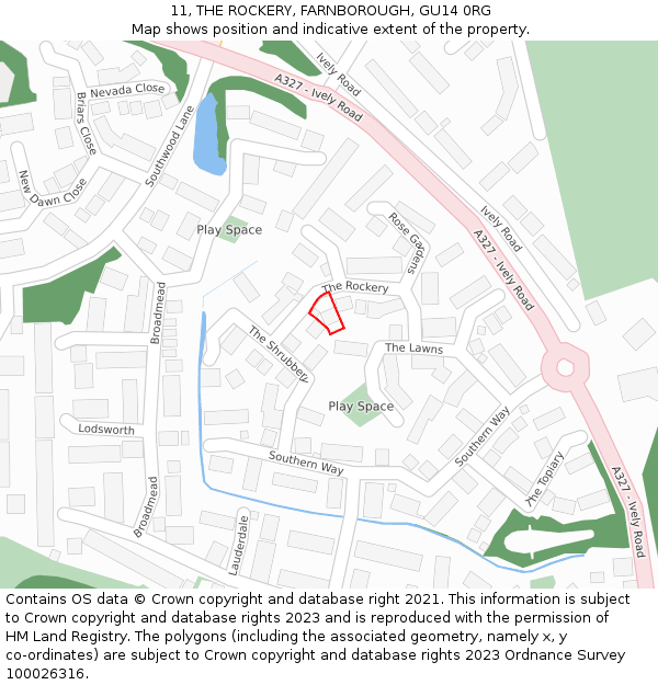 11, THE ROCKERY, FARNBOROUGH, GU14 0RG: Location map and indicative extent of plot