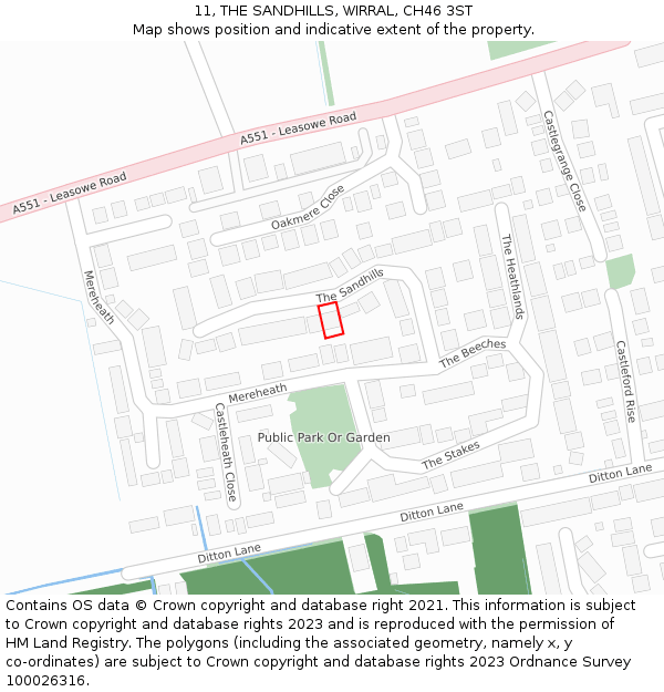 11, THE SANDHILLS, WIRRAL, CH46 3ST: Location map and indicative extent of plot