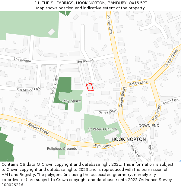 11, THE SHEARINGS, HOOK NORTON, BANBURY, OX15 5PT: Location map and indicative extent of plot