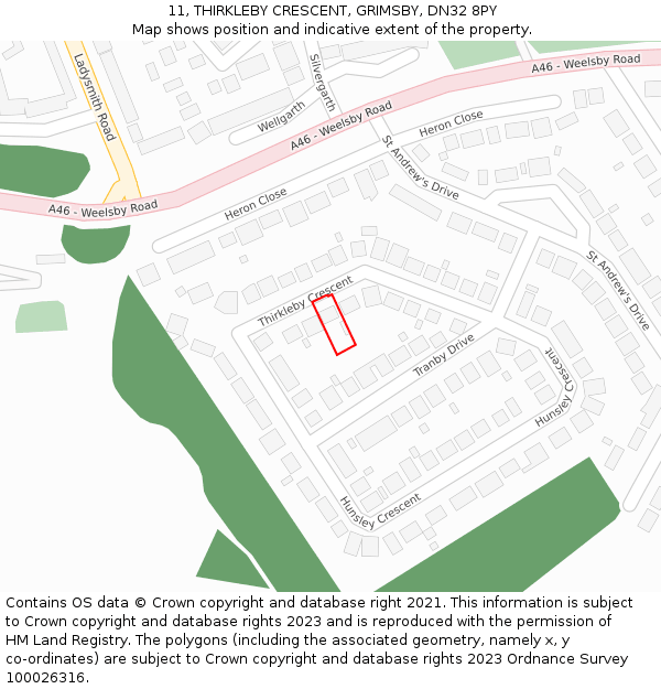 11, THIRKLEBY CRESCENT, GRIMSBY, DN32 8PY: Location map and indicative extent of plot