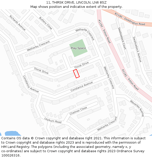 11, THIRSK DRIVE, LINCOLN, LN6 8SZ: Location map and indicative extent of plot