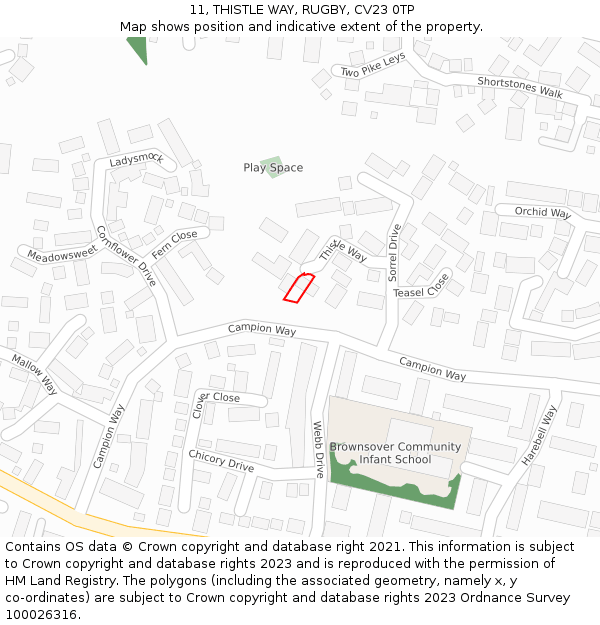 11, THISTLE WAY, RUGBY, CV23 0TP: Location map and indicative extent of plot