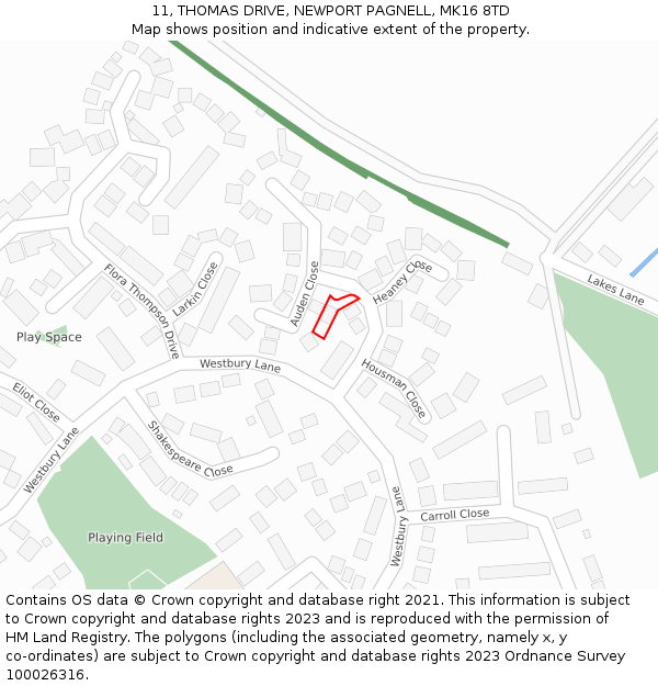 11, THOMAS DRIVE, NEWPORT PAGNELL, MK16 8TD: Location map and indicative extent of plot