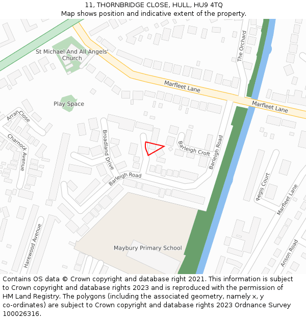 11, THORNBRIDGE CLOSE, HULL, HU9 4TQ: Location map and indicative extent of plot