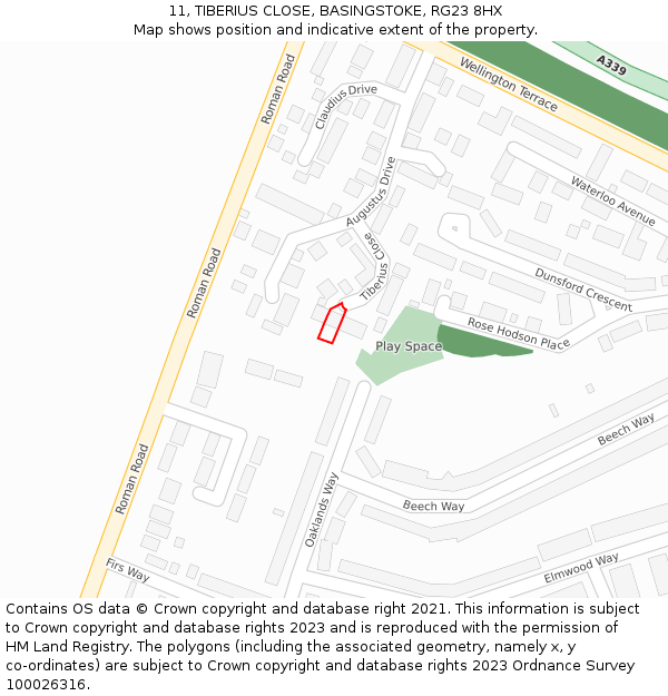 11, TIBERIUS CLOSE, BASINGSTOKE, RG23 8HX: Location map and indicative extent of plot