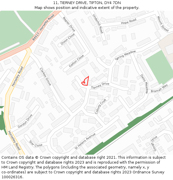 11, TIERNEY DRIVE, TIPTON, DY4 7DN: Location map and indicative extent of plot