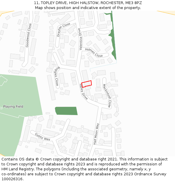 11, TOPLEY DRIVE, HIGH HALSTOW, ROCHESTER, ME3 8PZ: Location map and indicative extent of plot