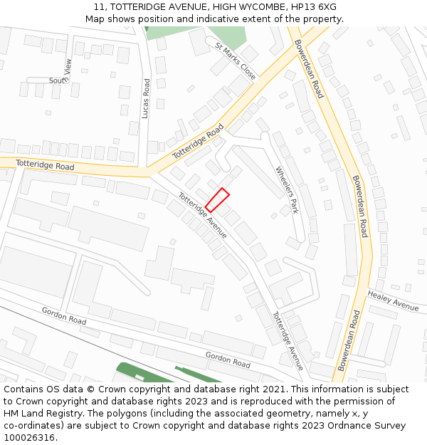 11, TOTTERIDGE AVENUE, HIGH WYCOMBE, HP13 6XG: Location map and indicative extent of plot