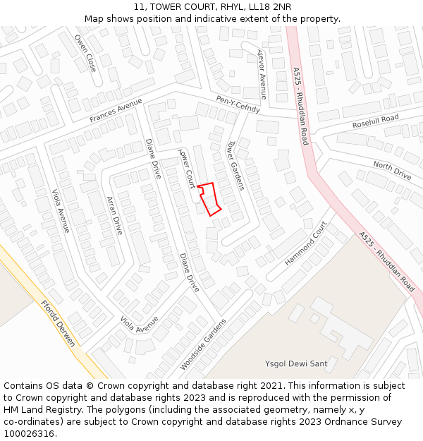 11, TOWER COURT, RHYL, LL18 2NR: Location map and indicative extent of plot