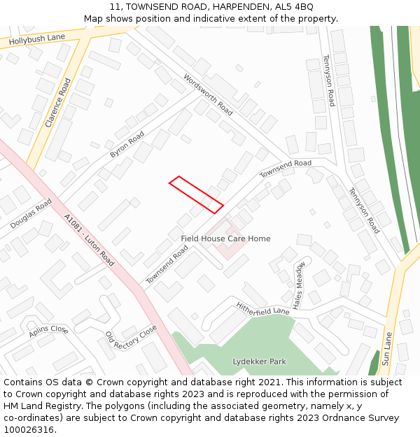 11, TOWNSEND ROAD, HARPENDEN, AL5 4BQ: Location map and indicative extent of plot