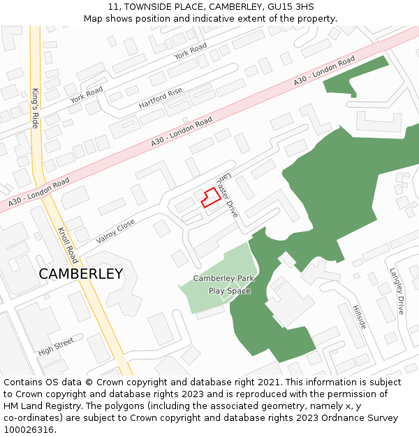 11, TOWNSIDE PLACE, CAMBERLEY, GU15 3HS: Location map and indicative extent of plot