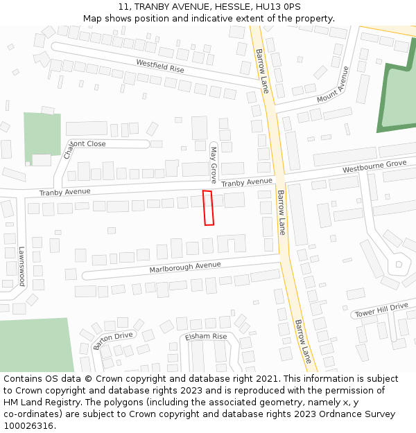 11, TRANBY AVENUE, HESSLE, HU13 0PS: Location map and indicative extent of plot