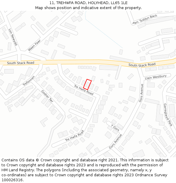 11, TREHWFA ROAD, HOLYHEAD, LL65 1LE: Location map and indicative extent of plot