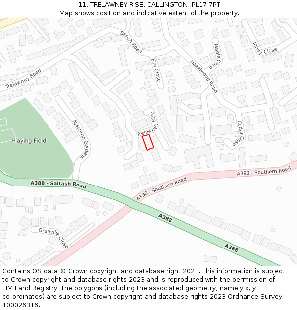 11, TRELAWNEY RISE, CALLINGTON, PL17 7PT: Location map and indicative extent of plot