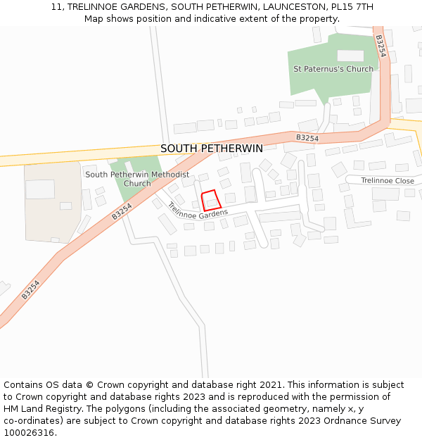 11, TRELINNOE GARDENS, SOUTH PETHERWIN, LAUNCESTON, PL15 7TH: Location map and indicative extent of plot
