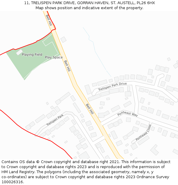 11, TRELISPEN PARK DRIVE, GORRAN HAVEN, ST. AUSTELL, PL26 6HX: Location map and indicative extent of plot