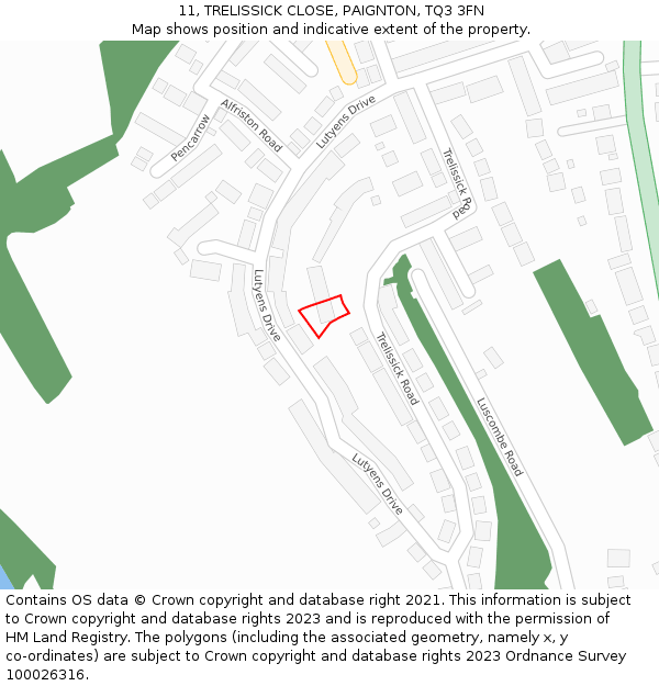 11, TRELISSICK CLOSE, PAIGNTON, TQ3 3FN: Location map and indicative extent of plot