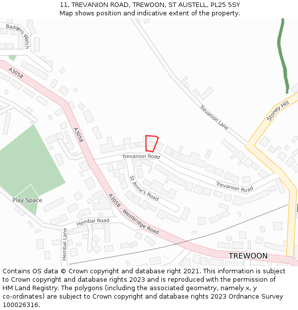 11, TREVANION ROAD, TREWOON, ST AUSTELL, PL25 5SY: Location map and indicative extent of plot