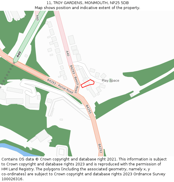 11, TROY GARDENS, MONMOUTH, NP25 5DB: Location map and indicative extent of plot