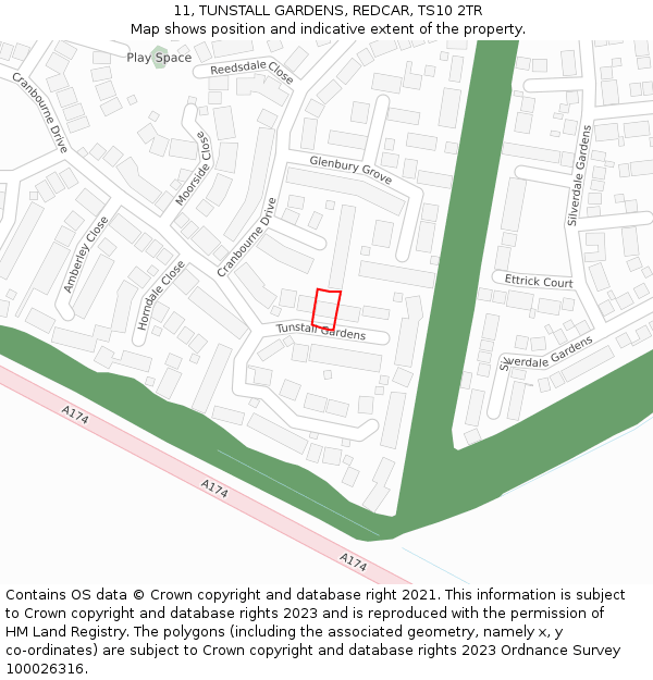 11, TUNSTALL GARDENS, REDCAR, TS10 2TR: Location map and indicative extent of plot